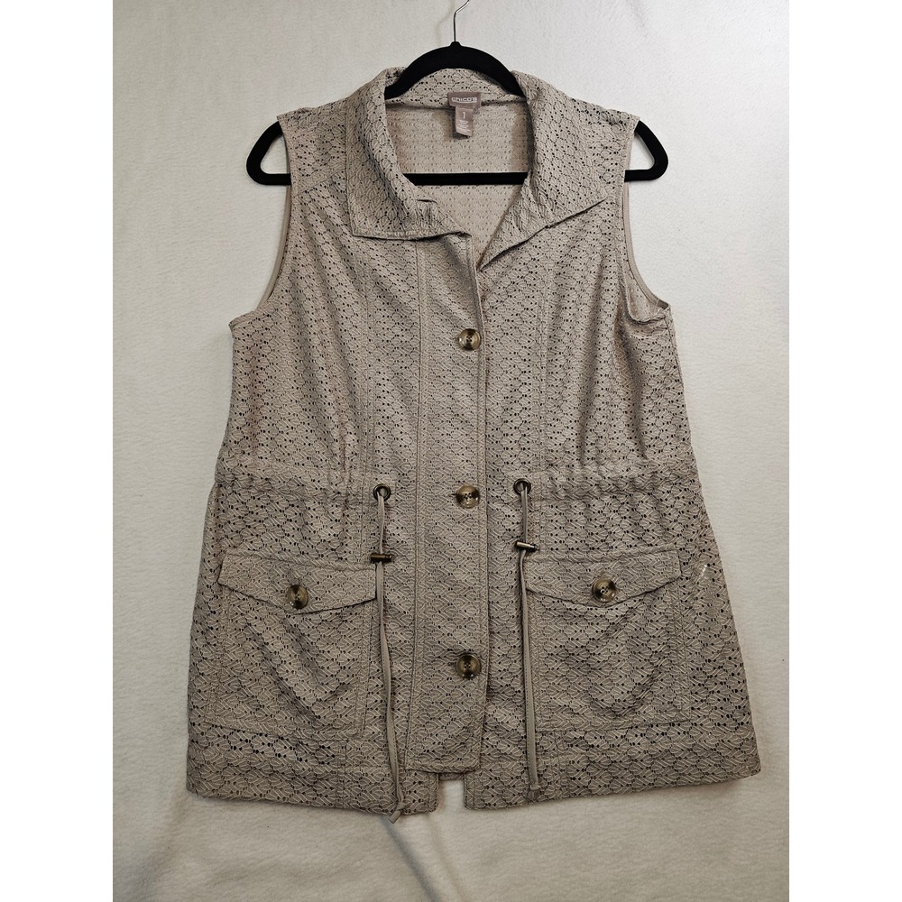 Chicos Lace Utility Vest Taupe Beige Drawstring Waist Sleeveless Jacket Size1 M